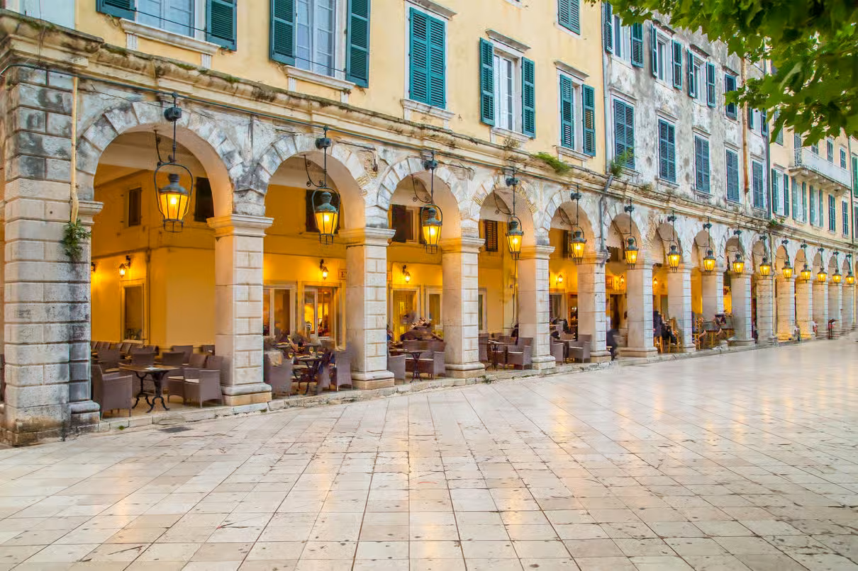 San Rocco Square — pickup point for day trips from Corfu to mainland Greece